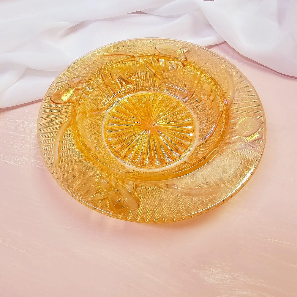 Iris and Herringbone Iridescent Marigold Butter Dish, Vintage Jeannette Glass